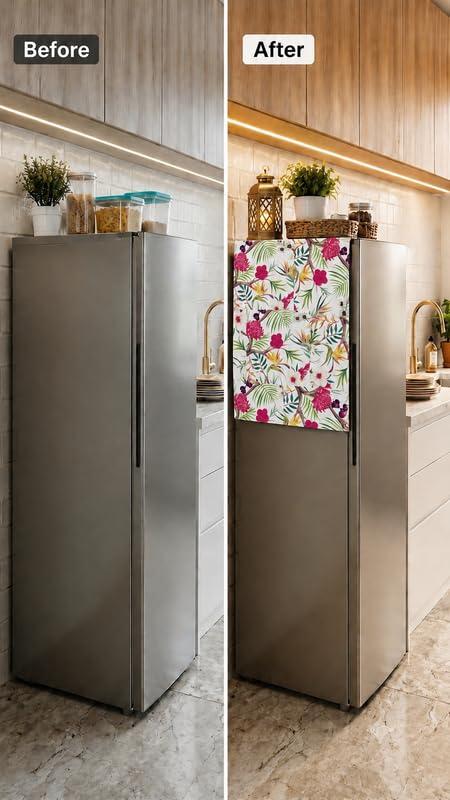 Image of WWW.THROWPILLOW.IN Fridge Top Cover Single Door|Refrigerator Cover Dustproof |Fridge Top Mat |Floral Single Door Fridge Cover for Small Fridge |Fits Haier, LG, Samsung, Whirlpool 100L-250L