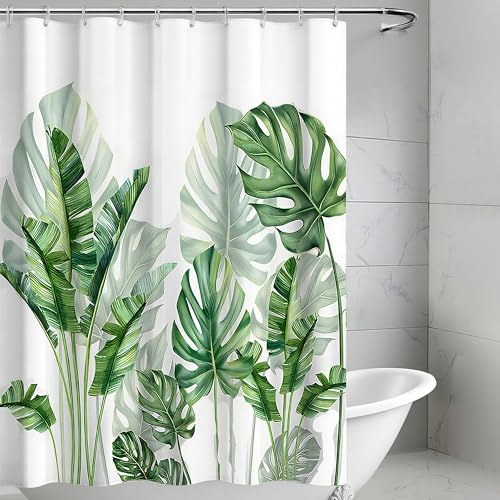Zourglow Green Leaves Plants, Water Repellent, Anti-Mould Polyester with Weighted Hem, Washable with 12 Rings for Bathtub, Bathroom (200H x 120L cm (1 Pack))