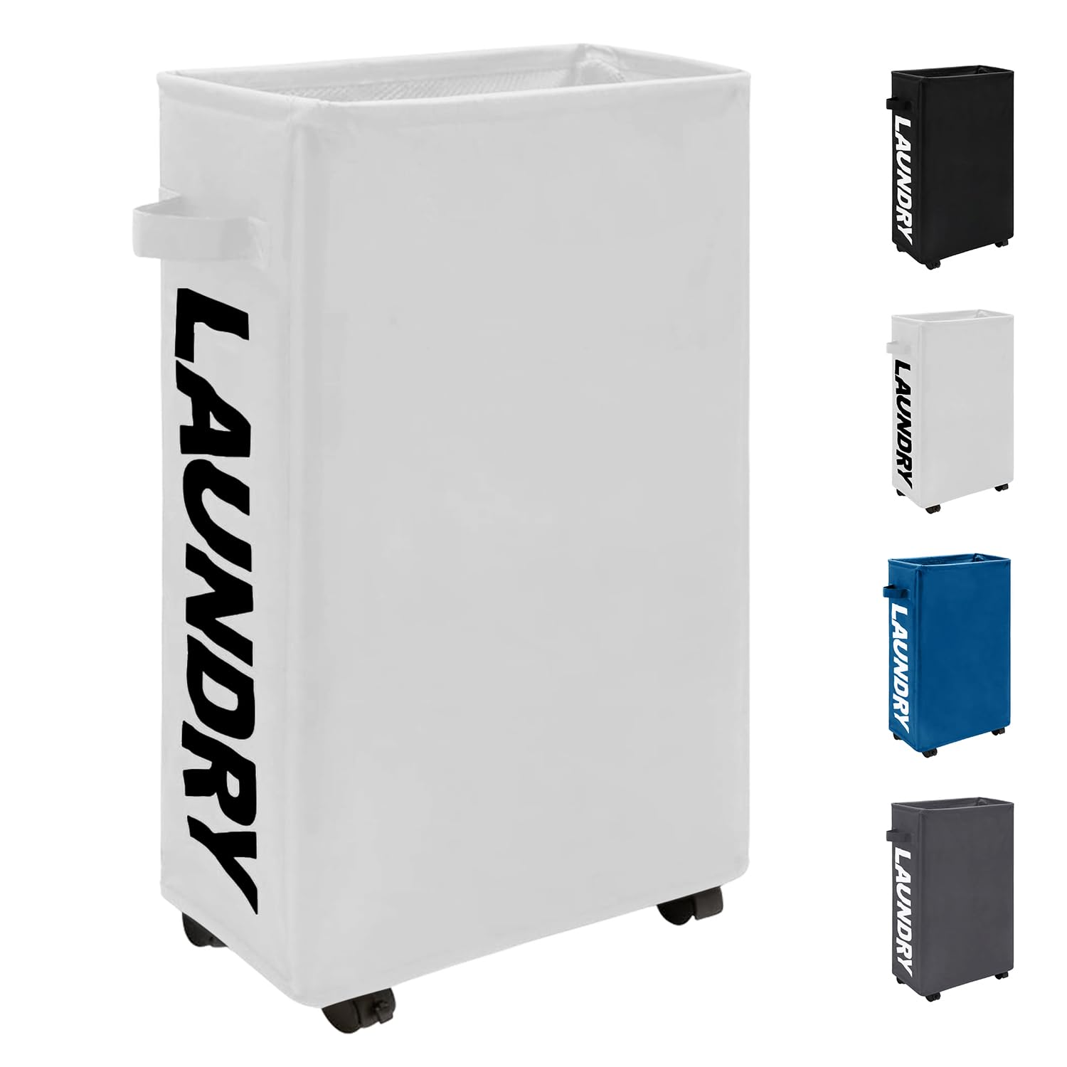 Trimming Shop Slim Laundry Basket with Wheels 38L Collapsible Rolling Laundry Hamper with Side Handles Space-Saving Tall & Thin Foldable Storage Bins for Corner 40x18x53cm (White)