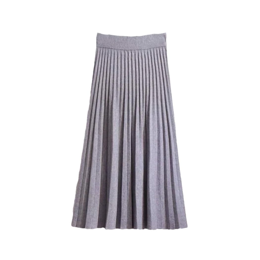 Womens Elastic High Waist Thin A-Line Skirt Solid Pleated Wool Knit Long Skirt
