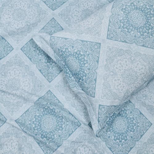 Image of Monte Carlo Eminence Double Bedsheet with 2 Pillow Covers | 144 TC Cotton Bedsheet for Double Bed | Soft & Breathable All Season Bedding Set | Blue Geometric Design | Bedsheet 87 x 100 Inches