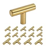 homdiy Gold Cabinet Knobs 15 Pack Cabinet Hardware Knobs Polished Brass - HD201PB Single Hole T Knob with 2in Overall Length Drawer Pulls and Knobs Gold