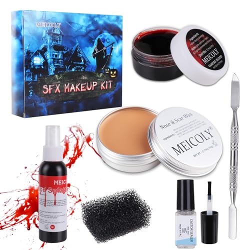 MEICOLY SFX Makeup Kit Scars Wax, Fake Blood Spray(2.1Oz) Halloween