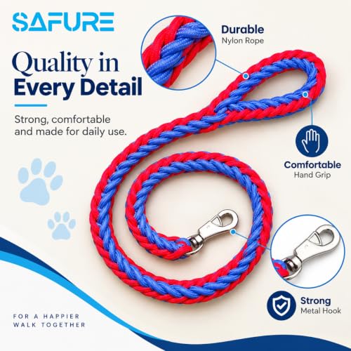 Image of Dog Leash Heavy Duty, Braided Nylon 120 cm Long and 3 cm Wide Dog Belt for Large Dogs and Medium Dogs, Walking Rope with Loop Handle and Swivel Metal Hook (Red and Blue)