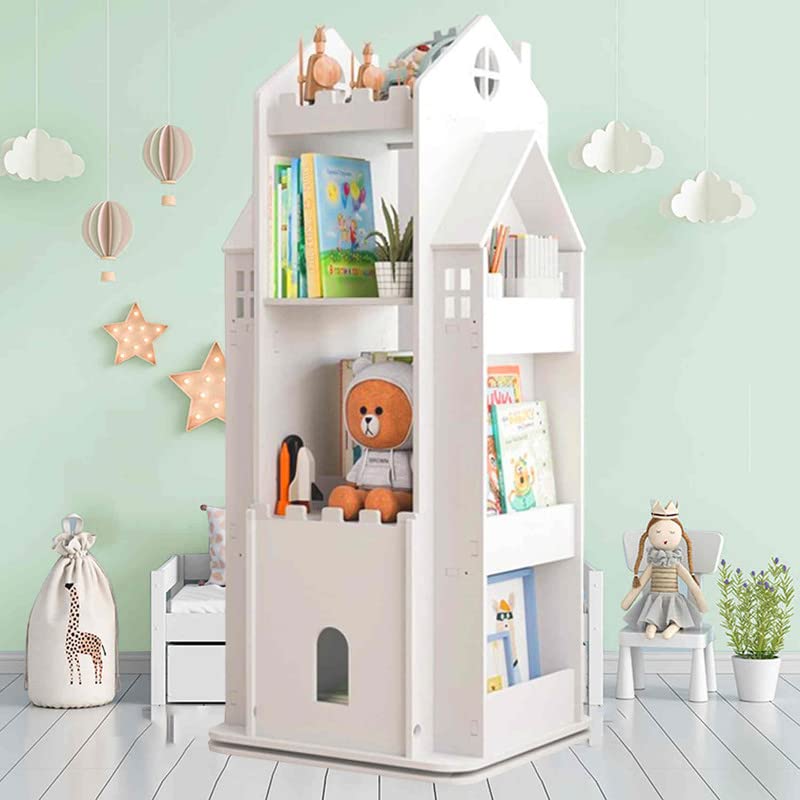 Image of MOUDAO Kids Bookshelf 360° Castle White Rotating Bookshelf Toy Storage Organizer Rack Revolving Corner Bookshelf for Kids Toddler Children Home Office Furniture Bookcase