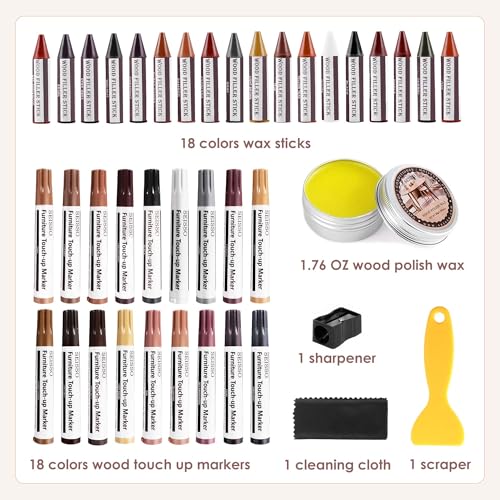 Image of SEISSO Wood Repair Kit, 40 PCs Wood Furniture Repair Kit, Wood Touch Up Markers and Crayons with Polish Wax for Scratches, Stains, Cracks,Holes and Dents, Discoloration for Wooden Surfaces and Floors