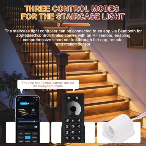 Image of Smart Motion Sensor Stair Lights,16 Step COB Strip Kit with App Remote | PIR Motion Detection Staircase Lighting Automatic Dynamic Effects Always-On Mode Step-by-Step Illumination Easy DIY Setup