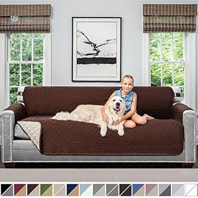 Sofa Shield Original Patent Pending Reversible X-Large Oversized Sofa Protector for Seat Width up to 78 Inch, Furniture Slipcover, 2 Inch Strap, Couch Slip Cover Throw for Dogs, Sofa, Chocolate Beige
