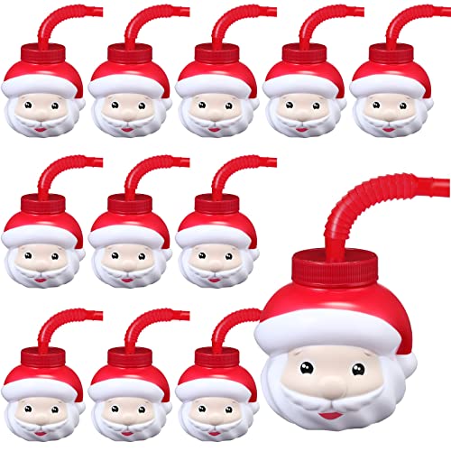Sawysine 12 Pieces Christmas Santa Claus Cups Gift 9 oz Christmas Reusable Plastic Cups Set with Lid and Straw Christmas Holiday Travel Coffee Tumblers for Winter Xmas Gifts Birthday Party Supplies
