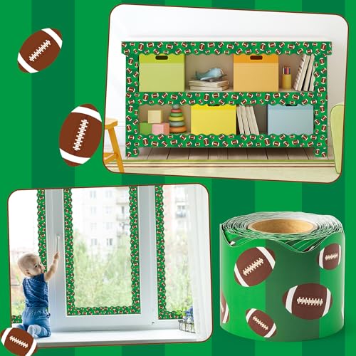 Image of BeYumi Green Football Border Trim - 65ft Back to School Football Scalloped Rolled Border Trim Rugby Sports Bulletin Board Set Classroom Office Chalkboard Kindergarten Elementary Home Party Decoration