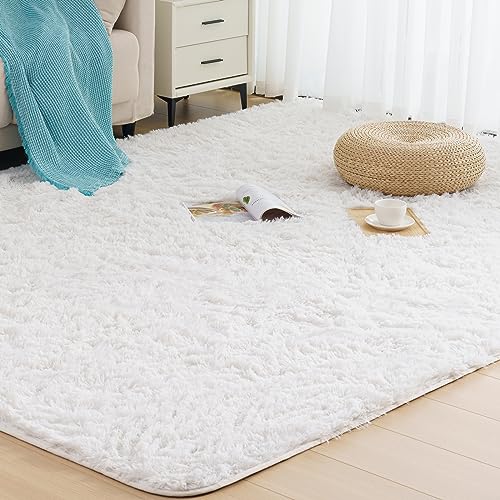 Vamcheer Alfombra de Pelo Largo   alfombras para Salón y Dormitorio,8mm Esponja Gruesa Alfombra área para habitacion,Lavables y Antideslizante, 200x290 Blanco Puro