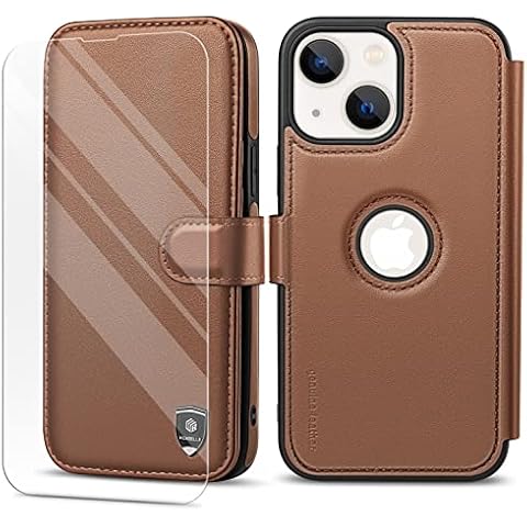 WenBelle Case for iPhone 13 (6.1 inch) Wallet,[Slim + Durable] Luxury Genuine Leather Flip Cases,RFID Blocking,Credit Card Holder + Glass Screen Protector,for Men or Women (Brown) Cover