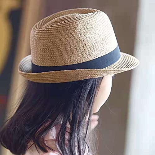 Kids Floppy Straw Fedora Sun-Hat Foldable Summer Short Brim Beach Sun-Hat For Babyboys Girls Khaki #TOP4