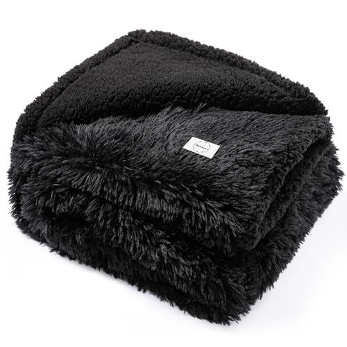 Black Pet Calming Couch Throw Blankets for Dogs Waterproof Dog Blanket Fluffy Long Faux Fur for Little Dog Cat Puppy Mat Washable(Black,XS-28 * 20in)