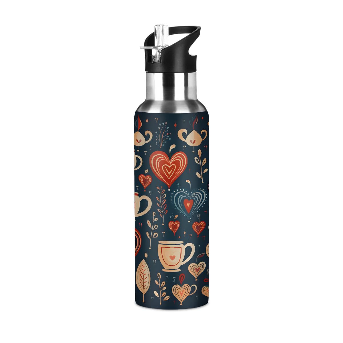 Mexpekil 600ml Stainless Steel Water Bottle with Straw Lid, Coffee Heart Double Wall Insulated Drinks Bottle, Leakproof Thermal Flask for Adult Women Men โ image 1