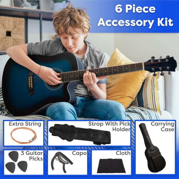 Image of 41in Acoustic Guitar - Guitar Kit with Case, Strap, Capo, Spare Strings, and Picks - Beginner Guitars for Kids and Adults by Hey Play (Blue)