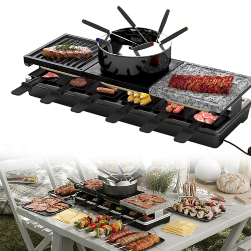 YRHome 3-in-1 Raclette-Grill & Fonduelette für 12 Personen Raclette-Tischgrill mit Naturstein- und Antihaft-Grillplatte 1650W 3 separate Edelstahl-Heizelemente Party Grill für Käse Fleisch & Crêpes YRHome 3-in-1 Raclette-Grill & Fonduelette für 12 Personen Raclette-Tischgrill mit Naturstein- und Antihaft-Grillplatte 1650W 3 separate Edelstahl-Heizelemente Party Grill für Käse Fleisch & Crêpes