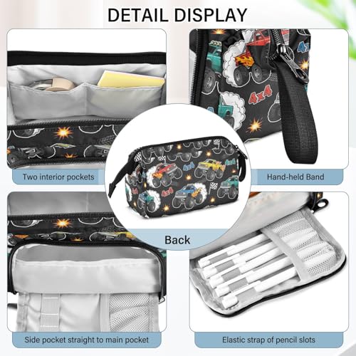 Image of Monster Truck Black Print Pencil Case Pouch Big Capacity Pencil Bag Box Organizer Pen Case with Compartmens Stationery Organizer for Girls Boys Women School College Office