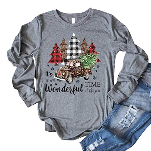 It's The Most Wonderful Time of The Year Shirt Women Plaid Leopard Truck Tree Graphic Long Sleeve Tee Shirts (Grey, XXL)