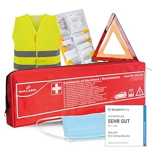 WALSER Eerste Hulp Kit Auto, Car First Aid Kit 2023 met pechdriehoek en high-visibility vest, vergelijkende winnaar* Eerste Hulp Kit Auto, Eerste Hulp Kit DIN 13164