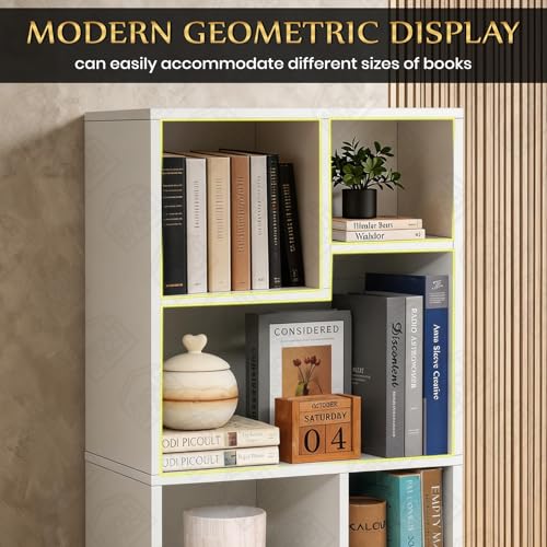 Image of ABOUT SPACE Book Shelf for Home Library - Book Rack with 7 Different Sized Shelves for Living Room, Bedroom, Home Office Book Stand for Kids, Adults Wooden Book Shelf (White - L 50 x B 26 x H 107 cm)
