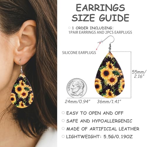 Sunflower Earrings for Women Leather Teardrop Dangle Drop Jewelry Outfits Accessories2