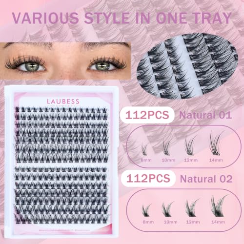 Image of Natural Lash Clusters Kit Soft Individual Lashes Mix Tray with Lash Bond and Seal Tweezers (Kit Natural 01 /02-0.07D-8-14mm)