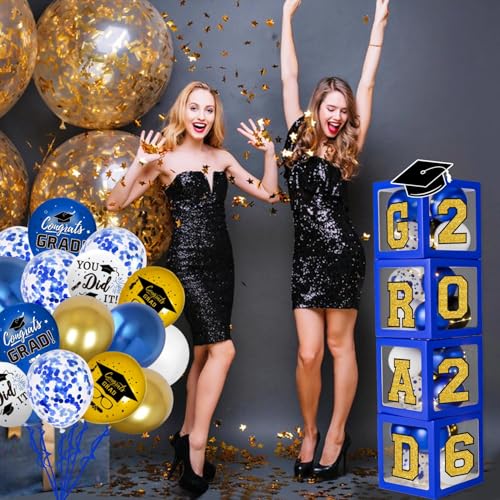 Image of Graduation Decorations Class of 2026 - Blue and Gold Balloons Boxes with Letters 2026 GRAD So Proud of You - Complete Party Supplies for High School & College Celebrations