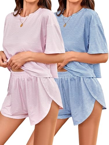 Image of OYOANGLE 2 Pack Pajama for Woman Set Summer Cute PJ Sets Striped Short Sleeve Tshirt and Split Shorts Lounge Set
