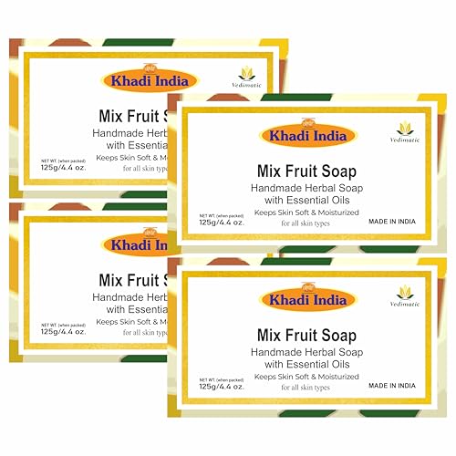 Image of Khadi 100% Pure & Natural Mix Fruit Soap, 125g|Herbal Bathing Soap for Glowing Skin | Natural Soap with Essential Oils | Deeply moisturizes skin | Suitable for All Skin Types|Pack of 4