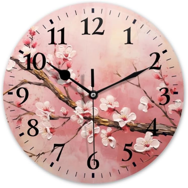 Battery Operated Wall Clocks Silent Non-TickingDecor Clock with Photo for Bathroom,Office-Large Painting of Cherry Blossoms On Pink Background(16inch)