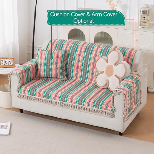 Image of HOKIPO 'Artisan Boho Series' Sofa Cover with Tassel | 450 GSM Cotton Acrylic Jacquard Sofa Cover for 2 Seater Sofa, Size 152x120 cm, Mint Green (IN-908-A7)