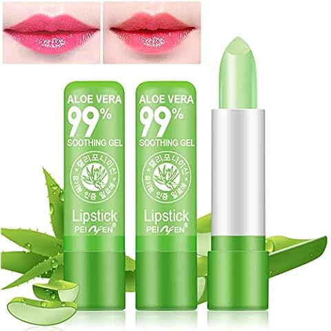 2PCS Aloe Vera Lipstick,Long Lasting Nutritious Color Changing Lip Balm,Natural Moisturizer Magic Temperature Color Change Lip Gloss,Green Cover