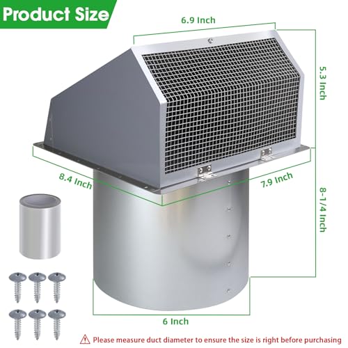 Image of 6 Inch Hooded Wall Vent with Screen and Damper,6 Inch Exhaust Vent Cover Cap for Outdoor Kitchen Range Hood Dryer Ventilation,Outside Wall Mount Extractor for House Air Exhaust,Galvanized Steel,Gray