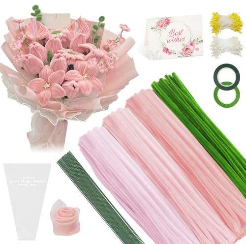 YSUVIN Pfeifenreiniger Blumen Set 785 Stück Rosa Grün Pfeifenputzer zum Basteln mit Staubgefäße Blumenstiel Fischschwanzgarn Klebeband Geburtstag Karte und Blumentasche für Blumen DIY