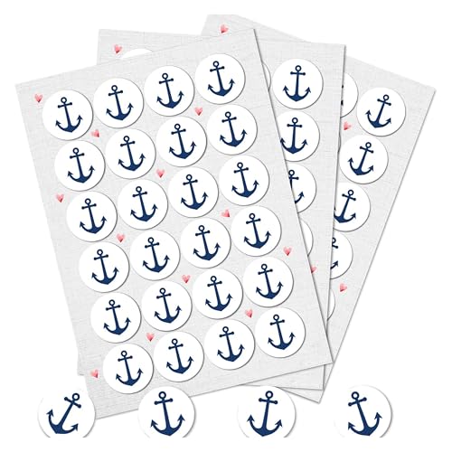 Autocollants déco marine, lot de 72: Stickers ronds ancre bateau bleu et blanc pour décoration thème marin, carte, fête, cadeau, scrapbooking, DIY, déco bord de...
