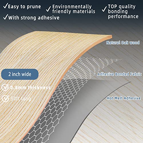Image of White Oak Edge Banding, 2 inch x 50ft roll of Veneer Edge Banding -Pre-glued Flexible, Real Wood Tape Banding for Cabinet Repair Furniture Restoration
