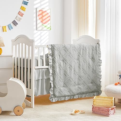 Image of Tufted Ruffle Crib Bedding Set 3 Pieces Baby Girls Boys Boho Quilted Comforter with Fitted Sheet and Bed Skirt - Cute Ruffled Shabby Chic Baby Bedding Soft Blanket Design Light Gray
