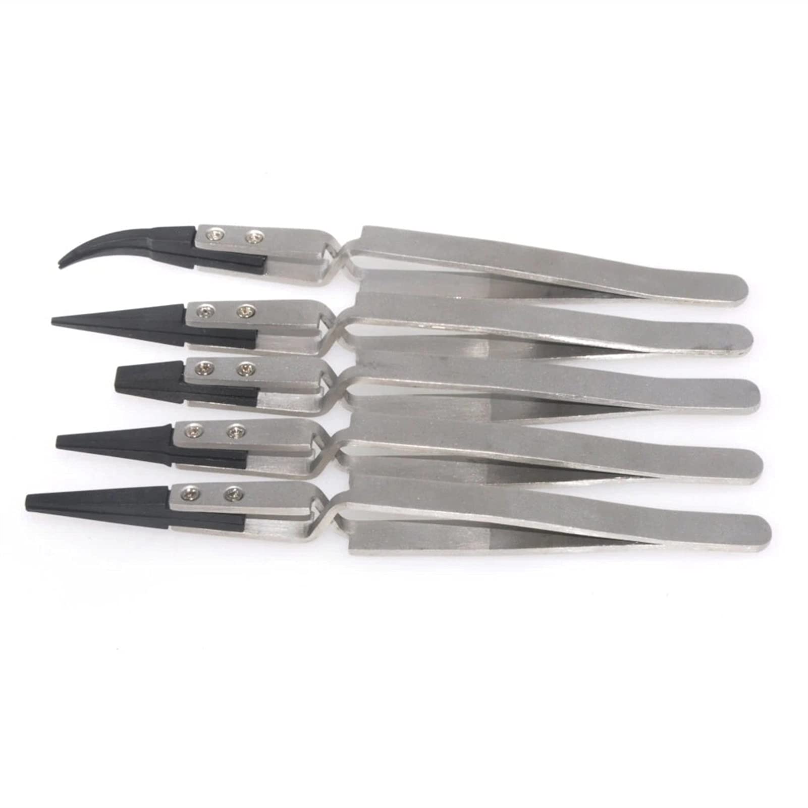 Set di pinzette di precisione in acciaio inox, colore argento e nero, punte piatte, dritte e curve, punta in plastica per un uso sicuro, ideale per la cura delle sopracciglia e il fai da te, strumento