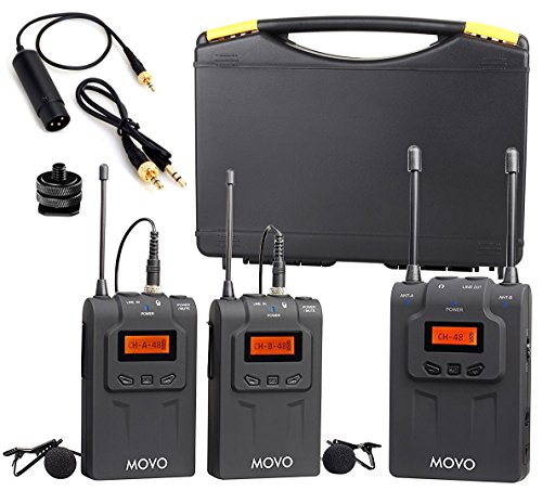 Movo WMIC80 UHF Wireless Lavalier Microphone System with 2 Bodypack Transmitters, Portable Receiver, 2 Lav Mics, and Shoe Mount for DSLR Cameras (330' Range)
