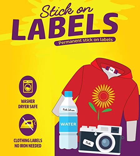Personalized Waterproof Name Labels. Press and Stick Custom Name Stick on Clothing Labels. Customized Up to 3 Lines Permanent Self Adhesive. Great for Camp & Daycare
