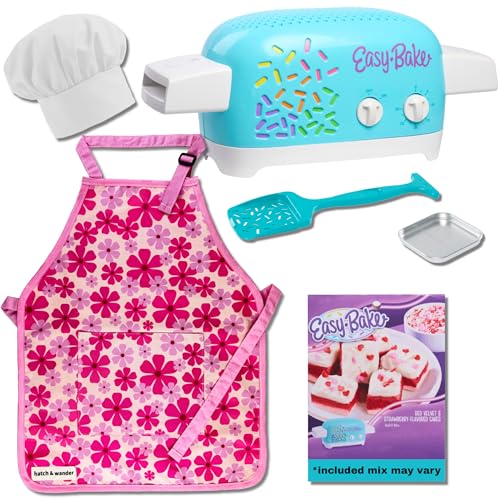 Easy Bake Oven Bundle | Kids Apron & Chef Hat | Girl Apron - Choose From 3 Designs | Kids Baking Set of 4 Pans | Easy Bake Oven Mix (included mix may vary)