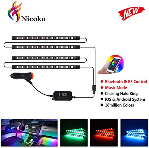 Waterproof led Atmosphere car Lights, Nicoko Interior Car LED Strip Light 72 LED Bluetooth APP Controller Lighting Kits, Multi Chasing Color Music Control Under Dash Car with Charger, DC 12V Pack 4