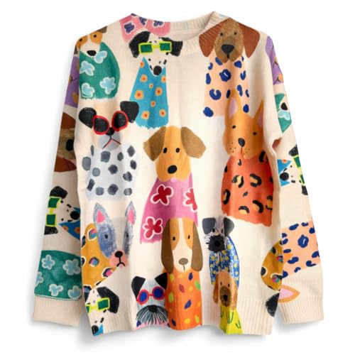 AlleFashion Womens Colorful Dog Print Knit Sweater Cozy Long-Sleeve Pullover Soft Casual Jumper for Dog Lovers & Pet Moms (US Alpha Small Regular Regular) Multi