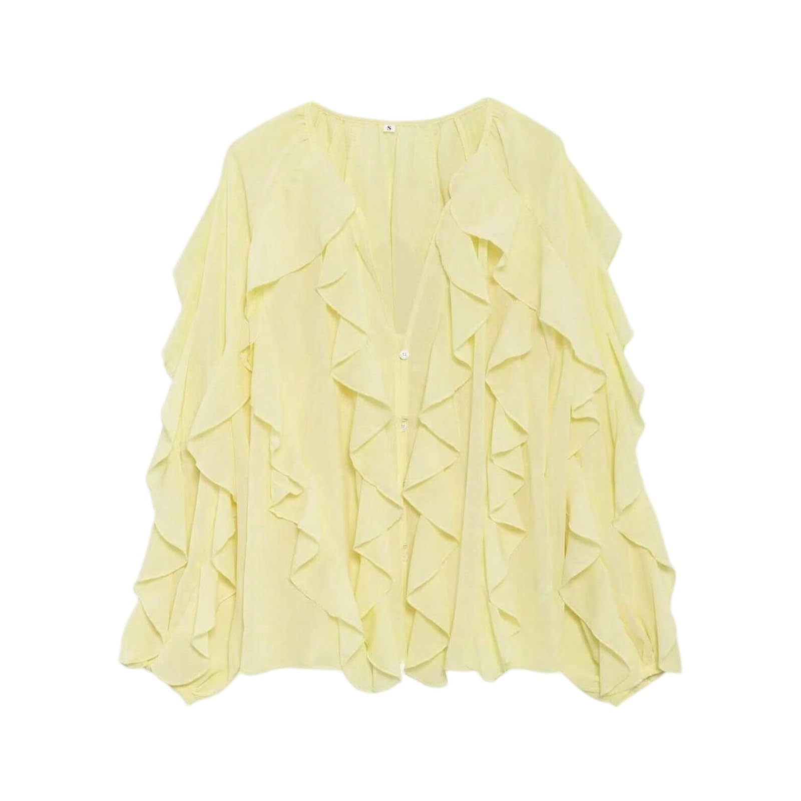 JCVBN - Camicetta da donna con scollo a V e volant, a maniche lunghe, vestibilità ampia, in chiffon, tinta unita, con bordo a volant, maniche lunghe, vestibilità ampia, tinta unita, leggera