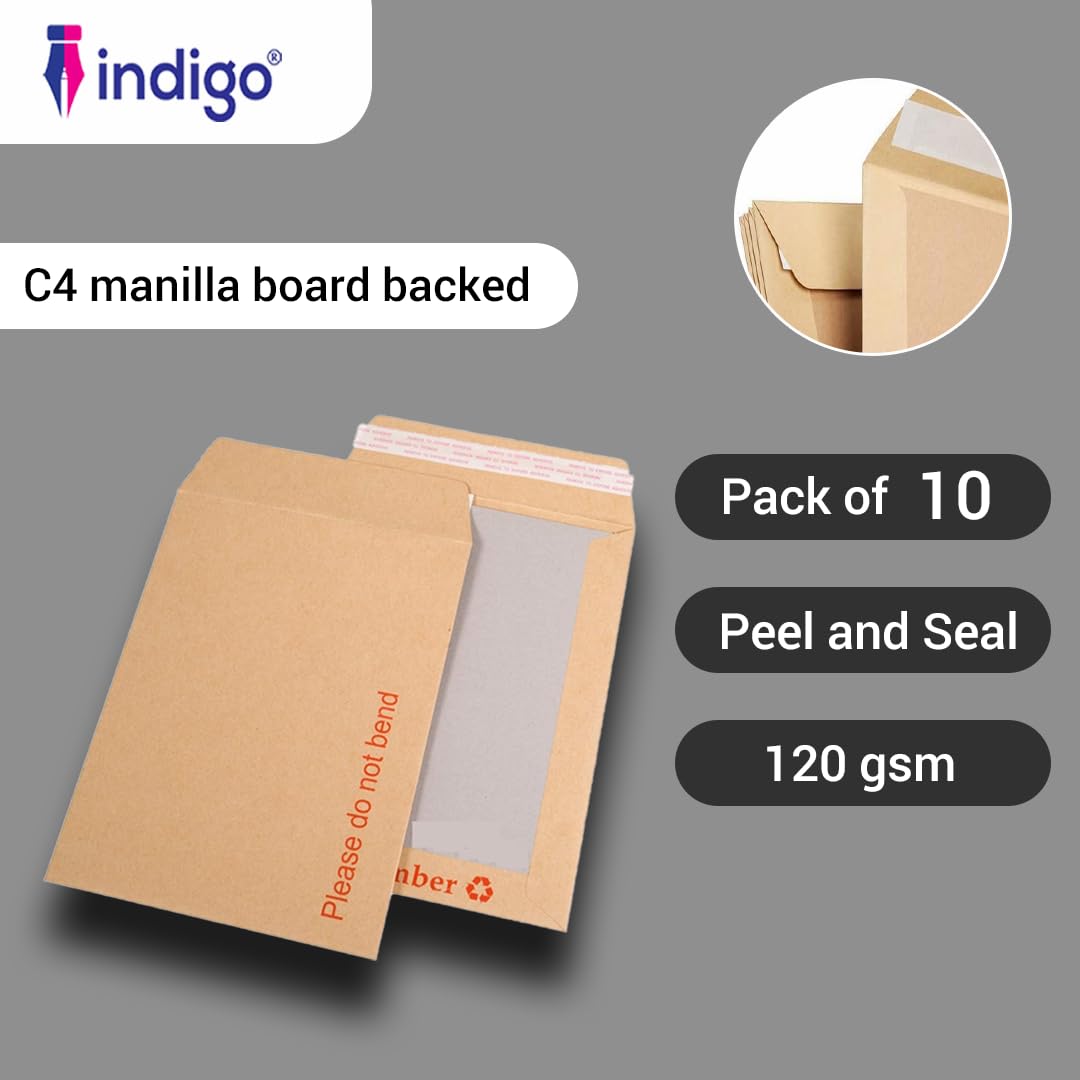 Indigo® A4 C4 Board-Backed Brown Manilla Envelopes - Eco-Friendly Peel & Seal for Mailing Postage, Home & Office (Pack of 10) - Image 2