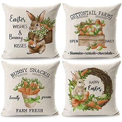 JOJOGOGO Easter Bunny Pillow Covers 20x20 Set of 4 Farmhouse Spring Outdoor Throw Pillow Covers Carrot Decorations for Easter Holiday Cover