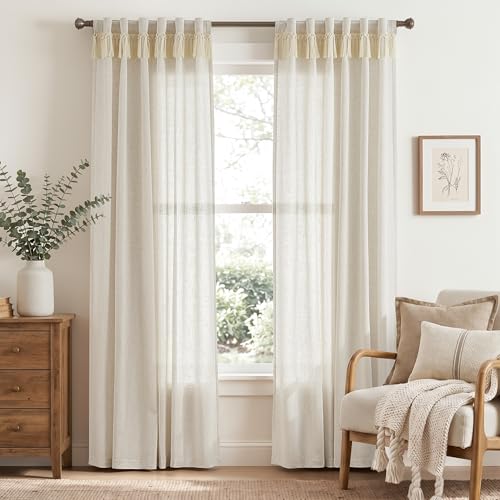 Image of jinchan Linen Curtains for Living Room Bedroom Light Filtering Semi Sheer Curtains Boho Farmhouse French Country Cottage Core Decor Window Drapes Back Tab 84 Inch Length Tassel Beige