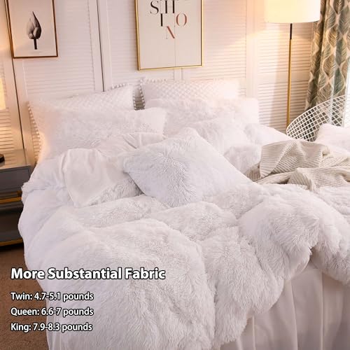 Image of LIFEREVO Luxury Plush Shaggy Duvet Cover Set, Ultra Soft Fluffy Furry Duvet Cover Set(1 Faux Fur Fuzzy Comforter Cover + 2 Pom Poms Velvet Pillow Cases) Solid Bedding Set, Zipper Closure(King, White)