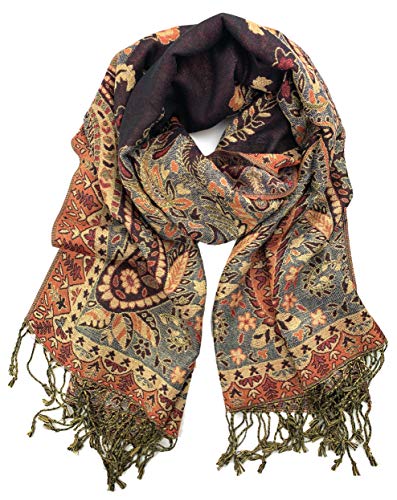 Plum Feathers Tapestry Ethnic Paisley Pattern Pashmina Scarf Burgundy Gold